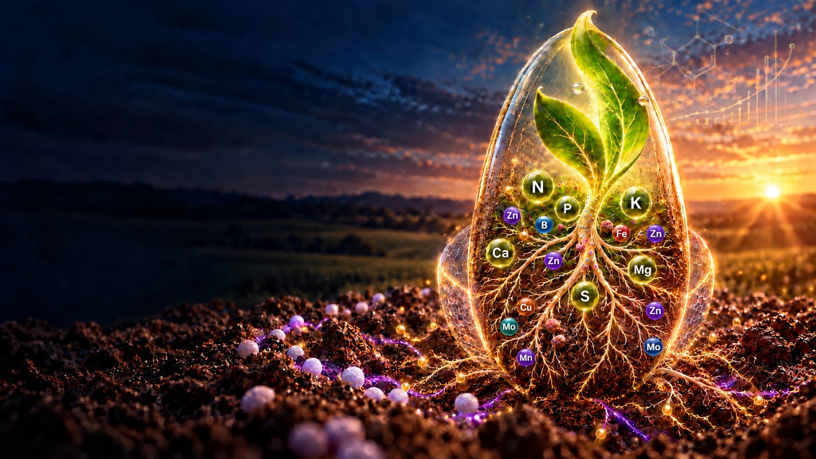 Concepto visual del sistema Verdesian transformando macro y micronutrientes en crecimiento eficiente