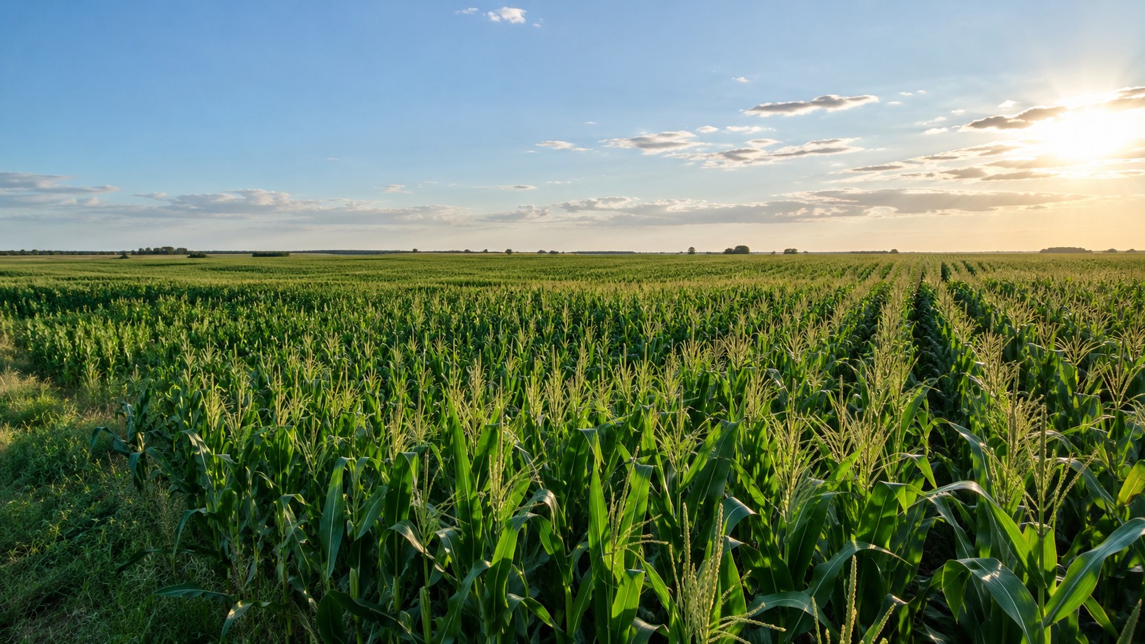Campo de maíz inspirado en la región pampeana argentina, con luz de atardecer