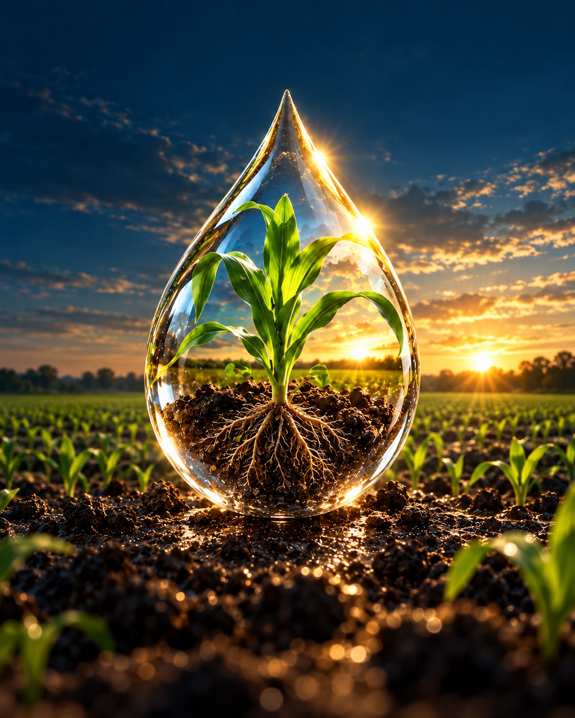 Planta protegida dentro de una gota como concepto de bioestimulación